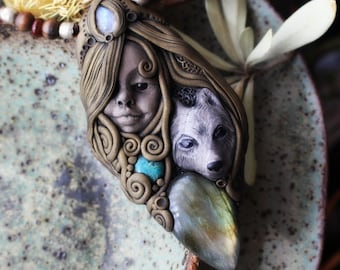 La Loba, Wolf Woman Necklace with Labradorite, Moonstone and Turquoise. Handcrafted Clay.