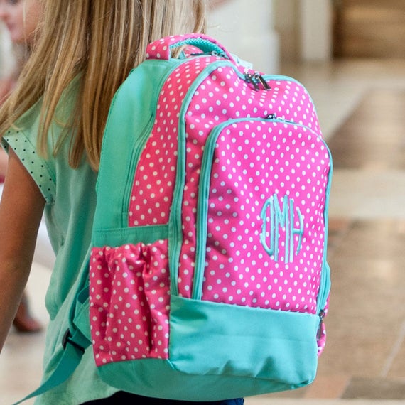 Pink Polka Dottie Backpack with Mint Green Trim