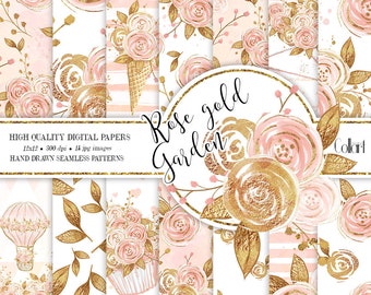 Floral Digital Paper Pack, Rose gold Flowers Planner Stickers, Seamless Patterns, Watercolor Flowers, Wedding Paper Pack, gold glitter paper