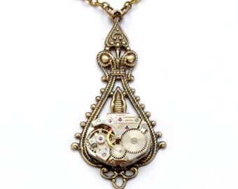 Steampunk Necklace Steampunk Jewelry Vintage Style Steampunk Watch Necklace Art Nouveau Victorian Steam Punk Jewelry by VictorianCuriosities