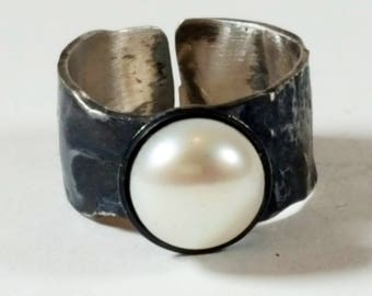 Reticulated and oxidised sterling silver pearl ring