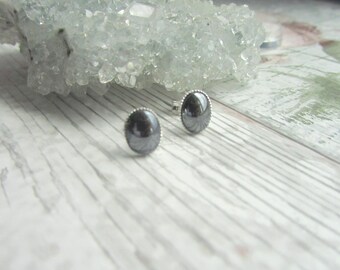 Natural Hematite Stud Earrings - 925 Sterling Silver Gemstone Jewellery - Grey Earstuds