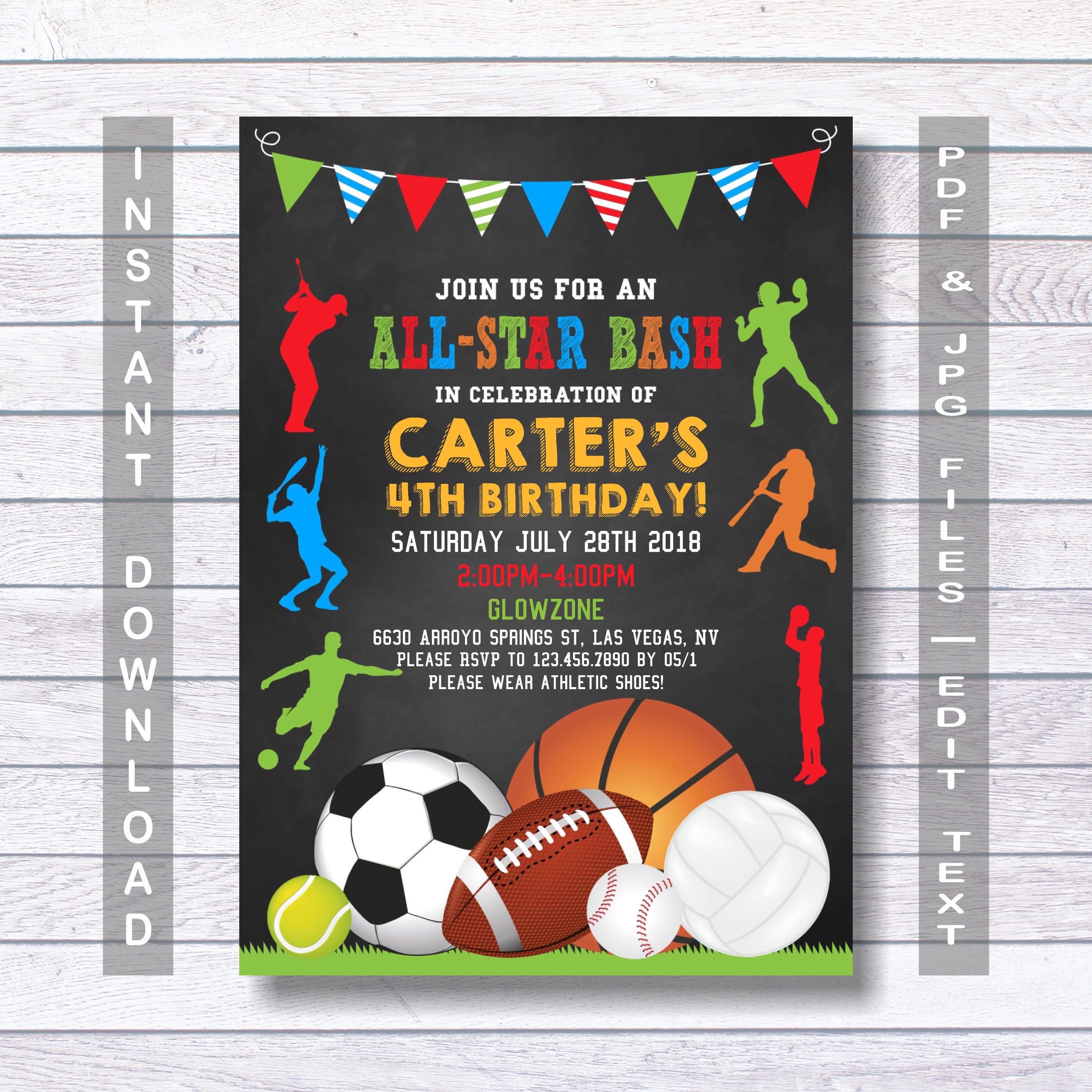 Sports Birthday Invitation Sport Party Invite Sports