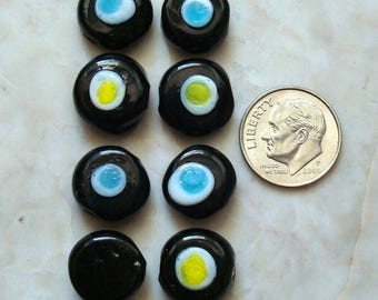 8 Evil Eye protection themed glass lamp work beads 14x6mm flat pad shape gbs027