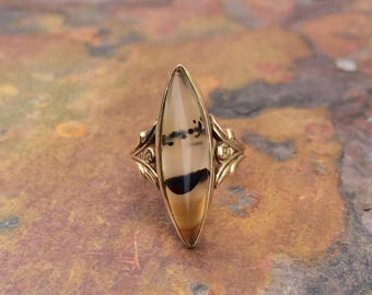 Antique 10k yellow gold dendritic/banded agate ring with floral split shank-size 4.25-antique navette ring-moss agate ring-floral theme