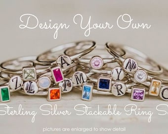 Stackable Birthstone Rings, Sterling Silver Ring, Initial Rings, Stacking Ring Set, Silver Stack Rings, Create Your Own Mother's Ring