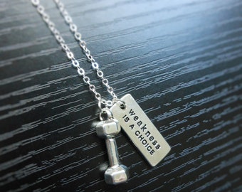 Dumbbell Necklace, "weakness is a choice", barbell necklace, fitness jewelry, kettlebell necklace