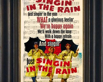 Gene Kelly Singing in the rain movie print on upcycled Vintage Sheet Music Page mixed media digital wall decor