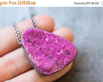 ON SALE Cobalto Calcite Drusy Necklace, Sterling Silver Statement Necklace, Pink Drusy - Collector Stone - Cloths of Heaven