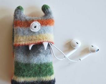 Gray Multi-Stripe Monster iPod Nano or Shuffle Cozy - iPod Case - Monster - Wallet - Eco-friendly - Upcycled - Coin Purse