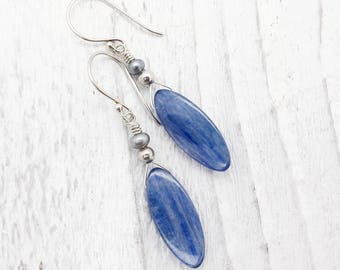 blue kyanite earrings, fresh water pearl, sterling silver, briolette earrings, blue gemstone earrings, sterling silver, kyanite jewelry