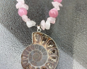 Ammonite and Rose Quartz Necklace, Fossil Necklace, Rose Quartz