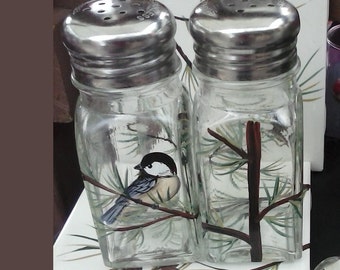 Large Chickadee Salt and Pepper Shakers Hand-painted Glass Bird Salt & Pepper Shakers by Lisa Hayward