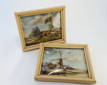 Convex Bubble Glass pictures with wooden frames, 1940's