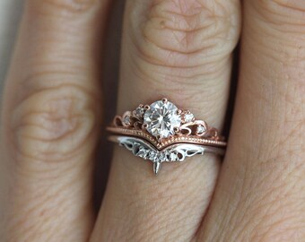 Moissanite Enagement Ring Set, Rose Gold ring Set, Diamond Ring Set, Vintage Ring Set, Rose Gold Set, Yellow Gold Set, White Gold Ring Set