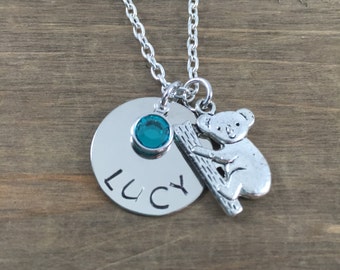 Personalized Koala Necklace - Hand stamped Birthstone Koala Necklace - Girl Name Necklace - Koala Necklace - Australia Lover Necklace