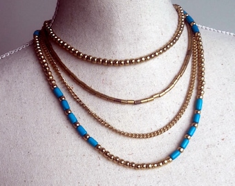 Boho chic golden beaded strand collier, Turquoise and golden beads layered necklace