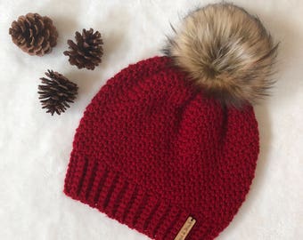 The Crochet Bella Beanie with Faux Fur Pom Pom | Cranberry | Wine