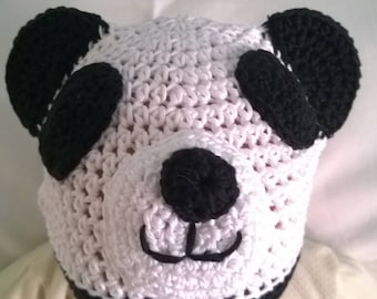 Crocheted panda hat in merino wool