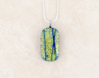 Yellow and blue dichroic pendant, handmade fused glass pendant, sparkly pendant necklace