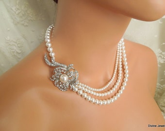 pearl necklace, bridal necklace, bridal pearl necklace, rhinestone necklace, crystal necklace, wedding pearl and rhinestone necklace, SHEILA