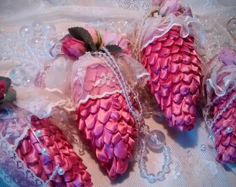Vintage Pink Satin Pinecone Ornaments with Victorian Look - Set of 4