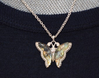 Butterfly Necklace, Rhinestone Accent, Silvertone Setting