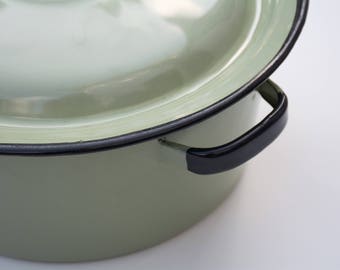 Vintage Green Black Enamelware Pot Saucepan with Lid