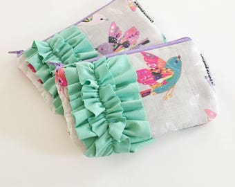 mini ruffle clutch -- linen sparrows