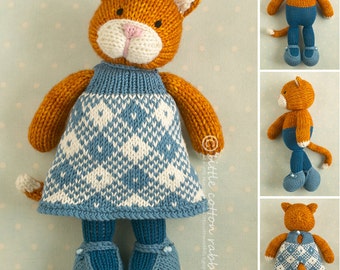 Toy knitting pattern for a girl cat with a plaid dress