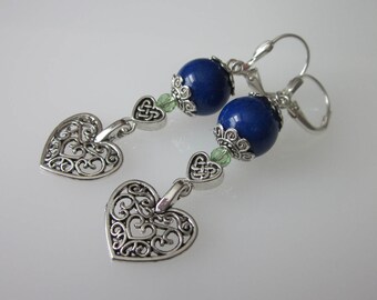 Lapis Lazuli Earrings, Lapis Dangle Earrings, Blue Stone Earrings, Lapis Earrings, Silver Lapis Dangle, Celtic Earrings, Celtic Heart Dangle