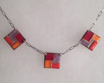 Geometric Enamel Necklace in Red, Orange and Purple
