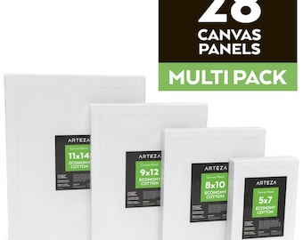 Arteza Canvas Panels, Economy-Cotton, Multi-Pack 5 x 7, 8 x 10, 9 x 12, 11 x 14 (Set of 28)
