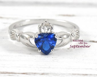 Womens Claddagh Ring Irish Claddagh Ring Sterling Womens Silver Wedding Band Promise Ring for Her Blue Sapphire CZ September Birthstone Ring