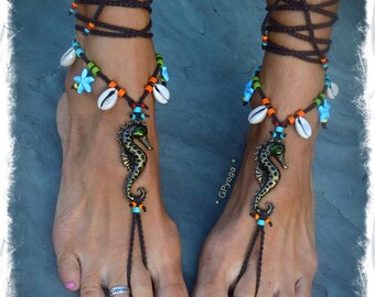 Cowrie Shell Seahorse BAREFOOT sandals Starfish charm Beach Wedding sandal Ocean jewelry Nature lover Happy Boho crochet foot jewelry GPyoga