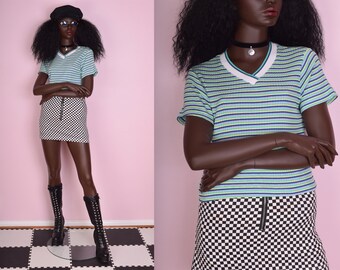 90s Colorful Striped Ribbed Shirt/ Medium/ 1990s/ Short Sleeve