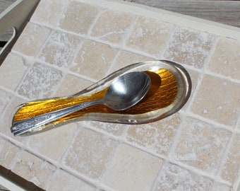 Spoon rest, fused glass, fused glass spoon rest, gold spoon rest, gold fused glass spoon rest, kitchen spoon rest, glass spoon rest