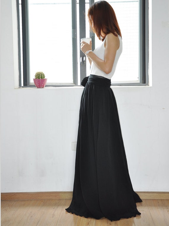 Black Maxi Skirt Chiffon Silk Skirts Beautiful Bow Tie High