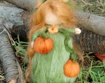 Autumn Pumpkin Maiden Needle Felted Wool Harvest Art Doll Fairy Waldorf inspired