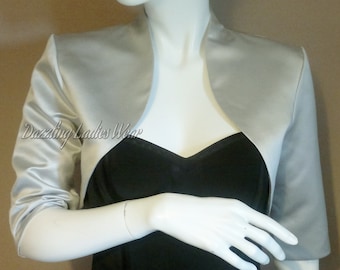 Light Silver/Grey Satin Bolero / Shrug / Cropped Jacket Fully Lined - UK 4-26/US 1-22 3/4 Sleeves - Formal/Wedding/Bridal