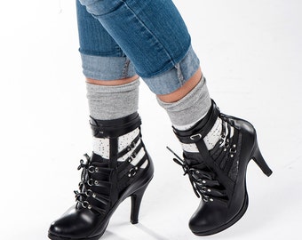 Womens Fashion/Black Boots /handmade leather High Heel shoes/Ankle Boots/Black Booties/Fringe shoes/