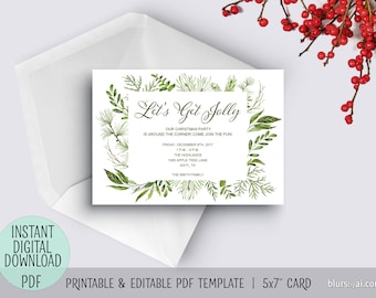 Printable holiday party invitation pdf TEMPLATE, Christmas invitation template, editable pdf template, greenery invitation, watercolor C046