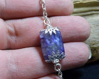 Charoite Stone Beaded Silver Bracelet 6 inch