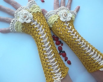 Crocheted Cotton Gloves Ready To Ship Victorian Fingerless Summer Women Wedding Lace Evening Retro Hand Knitted Party Mustard Corset B38