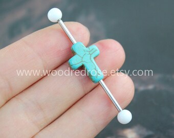Cross Industrial Barbell With Turquiose Cross Body Jewelry Ear Jewelry Double Piercing,Cross earring