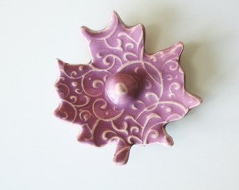 Pink Ceramic Ring Holder Leaf - Glazed in violet pink