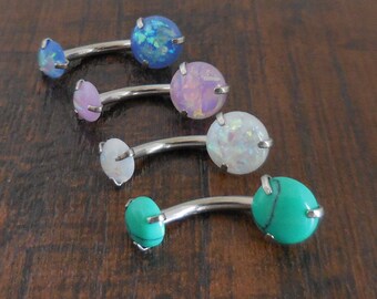 14g Prong Set White Pink Blue Opal or Turquoise 3/8" Internally Threaded Belly Button Navel Ring Stainless Steel Body Jewelry