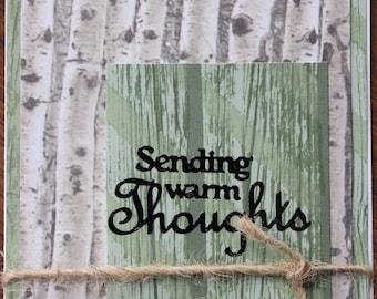 Hand Made, Card, Greeting, Warm Thoughts, Trees, Twine, Sticker, Black, Green,