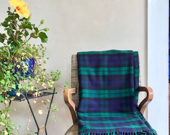 Plaid Merino Wool Blanket Throw Size Fringed Black Watch Plaid w/ Matching Stowing Pillow Case