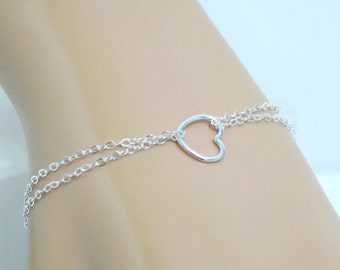 Dainty Bracelet, Small Sterling Silver Open Heart, Double Strand, Minimal, Friendship Bracelet, Bridesmaid Jewelry, Handmade Gift for Women